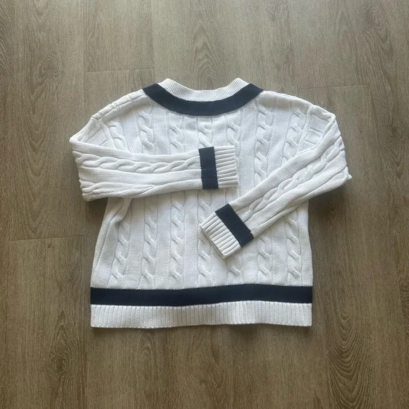 Polo Ralph Lauren 100% Cotton Cable Knit Tennis Sweater White Navy Trim Preppy - Picture 2 of 5
